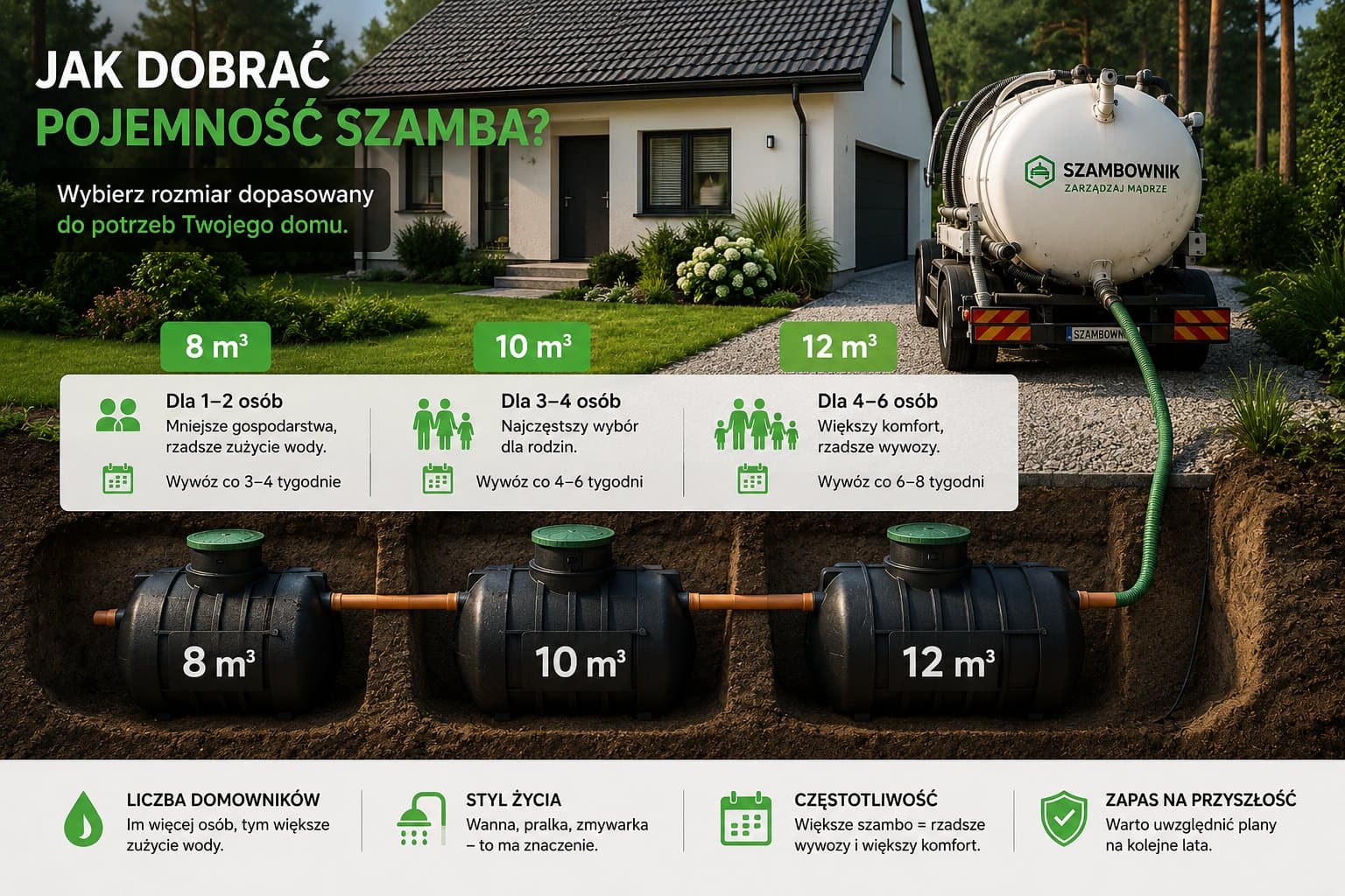 Jak dobrać pojemność szamba? 8 m³, 10 m³ czy 12 m³ – praktyczny poradnik